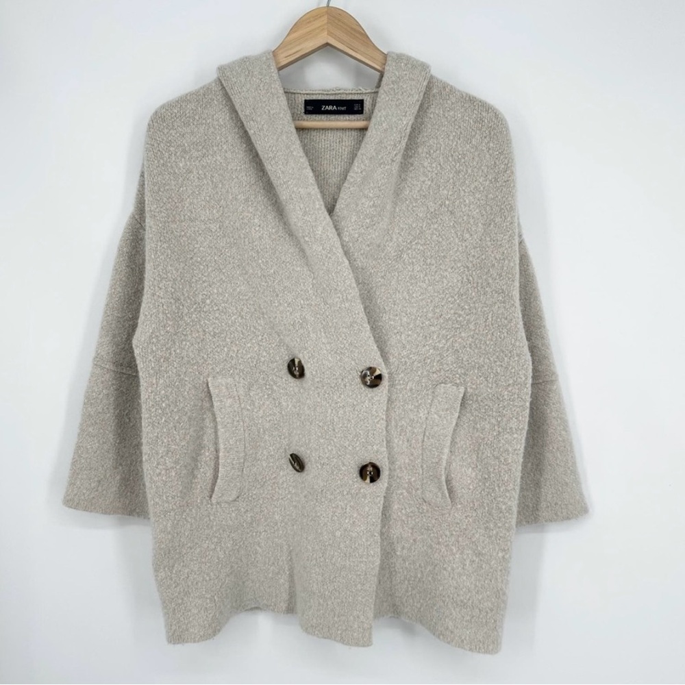 Zara Women's Beige Double-Breasted Hooded Sweater Jacket Size M